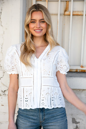 Cream Eyelet Crochet Short Sleeve Button Down Top