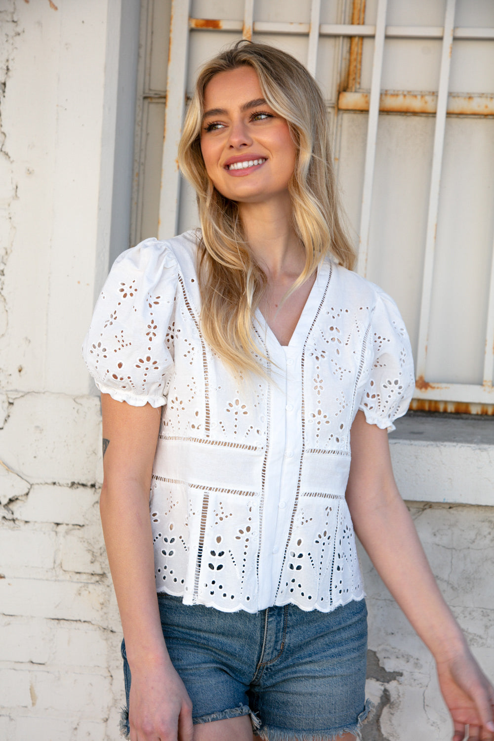 Cream Eyelet Crochet Short Sleeve Button Down Top