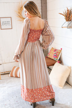 Ethnic Floral Smoked Bodice Maxi Dress