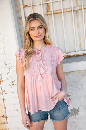 Blush Swiss Dot Crochet Lace Tassel Flutter Sleeve Top