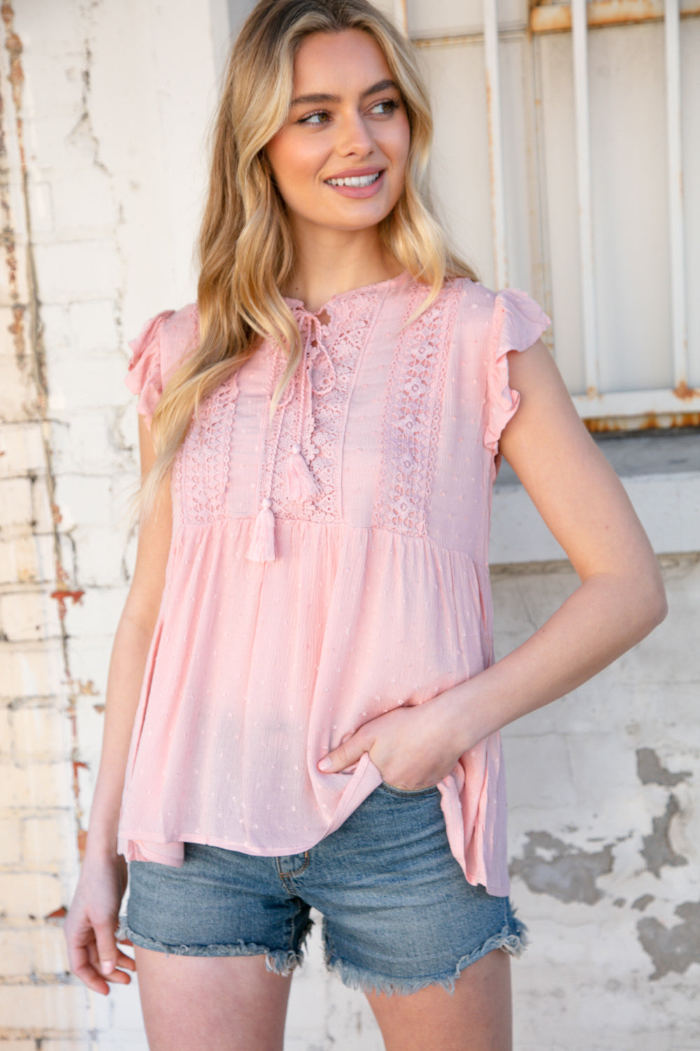 Blush Swiss Dot Crochet Lace Tassel Flutter Sleeve Top