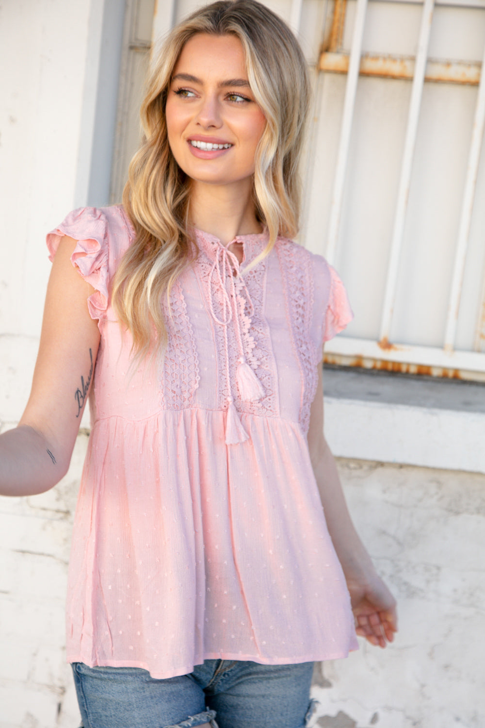 Blush Swiss Dot Crochet Lace Tassel Flutter Sleeve Top