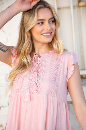 Blush Swiss Dot Crochet Lace Tassel Flutter Sleeve Top