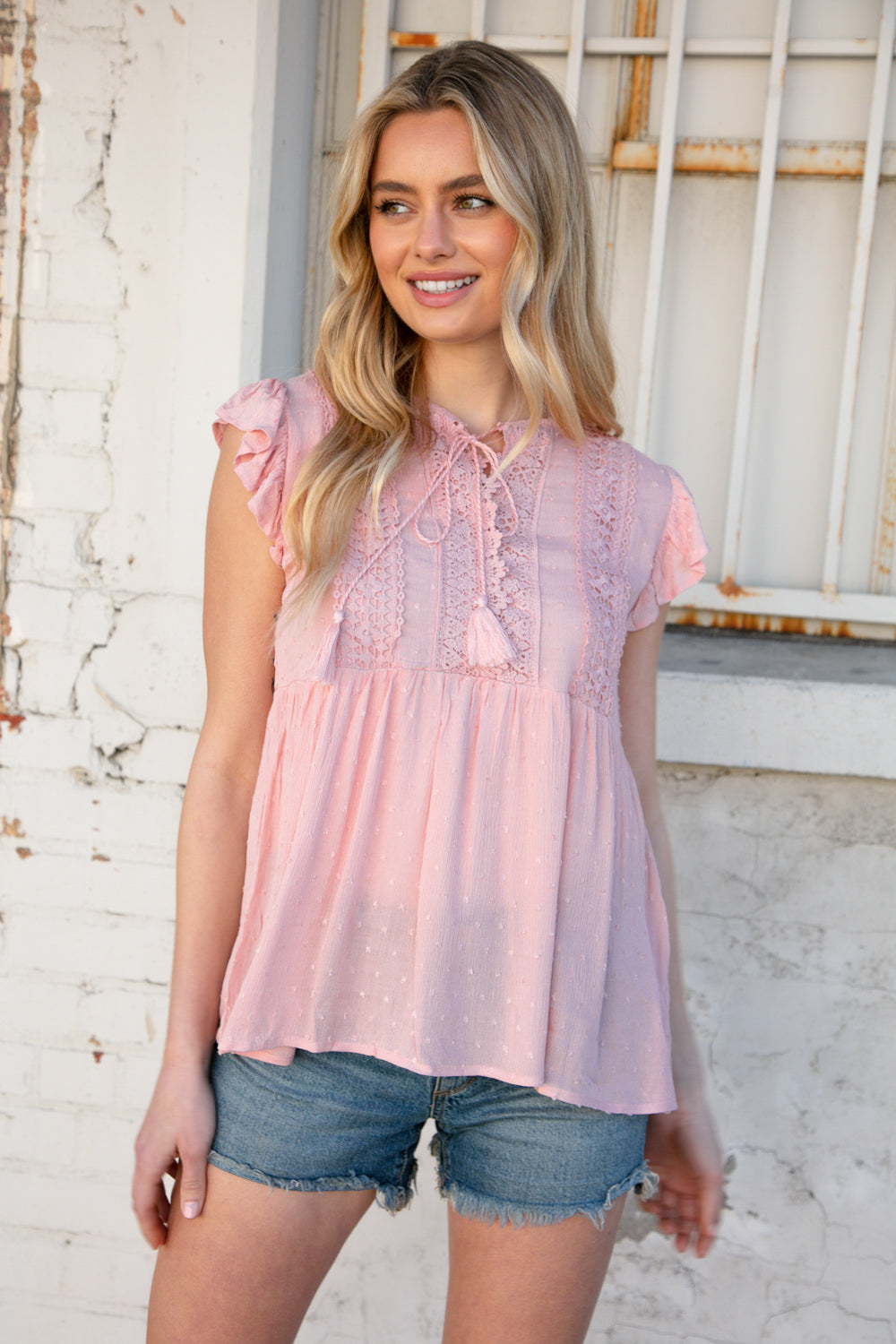 Blush Swiss Dot Crochet Lace Tassel Flutter Sleeve Top