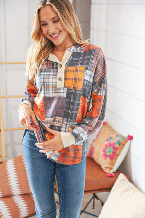 Multi Plaid Patchwork Waffle Button Placard Hoodie