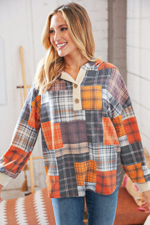 Multi Plaid Patchwork Waffle Button Placard Hoodie