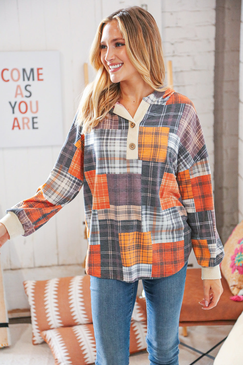 Multi Plaid Patchwork Waffle Button Placard Hoodie