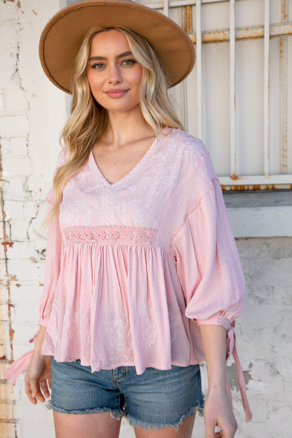 Blush V Neck Embroidered Crochet Lace Swiss Dot Top