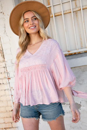 Blush V Neck Embroidered Crochet Lace Swiss Dot Top