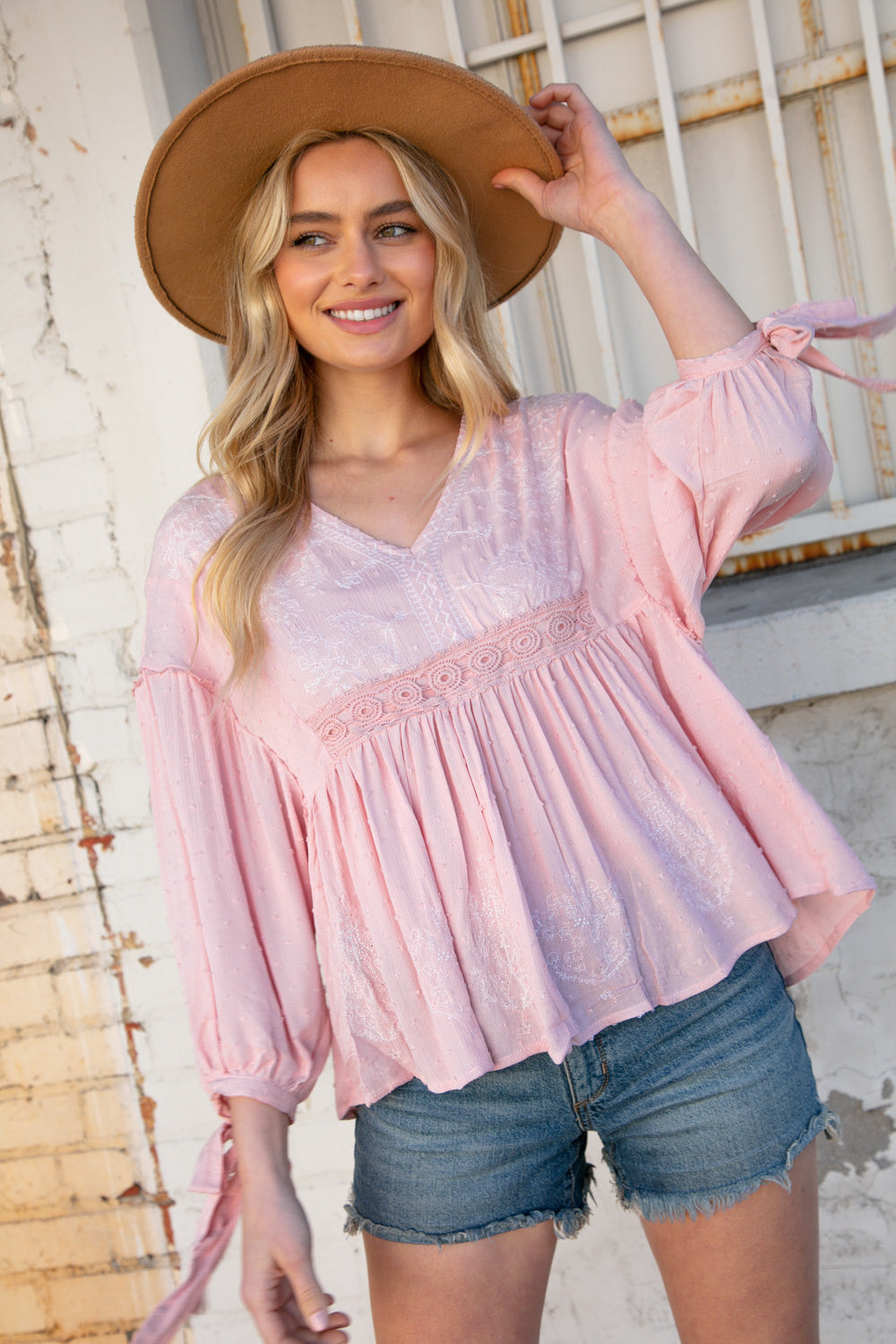 Blush V Neck Embroidered Crochet Lace Swiss Dot Top