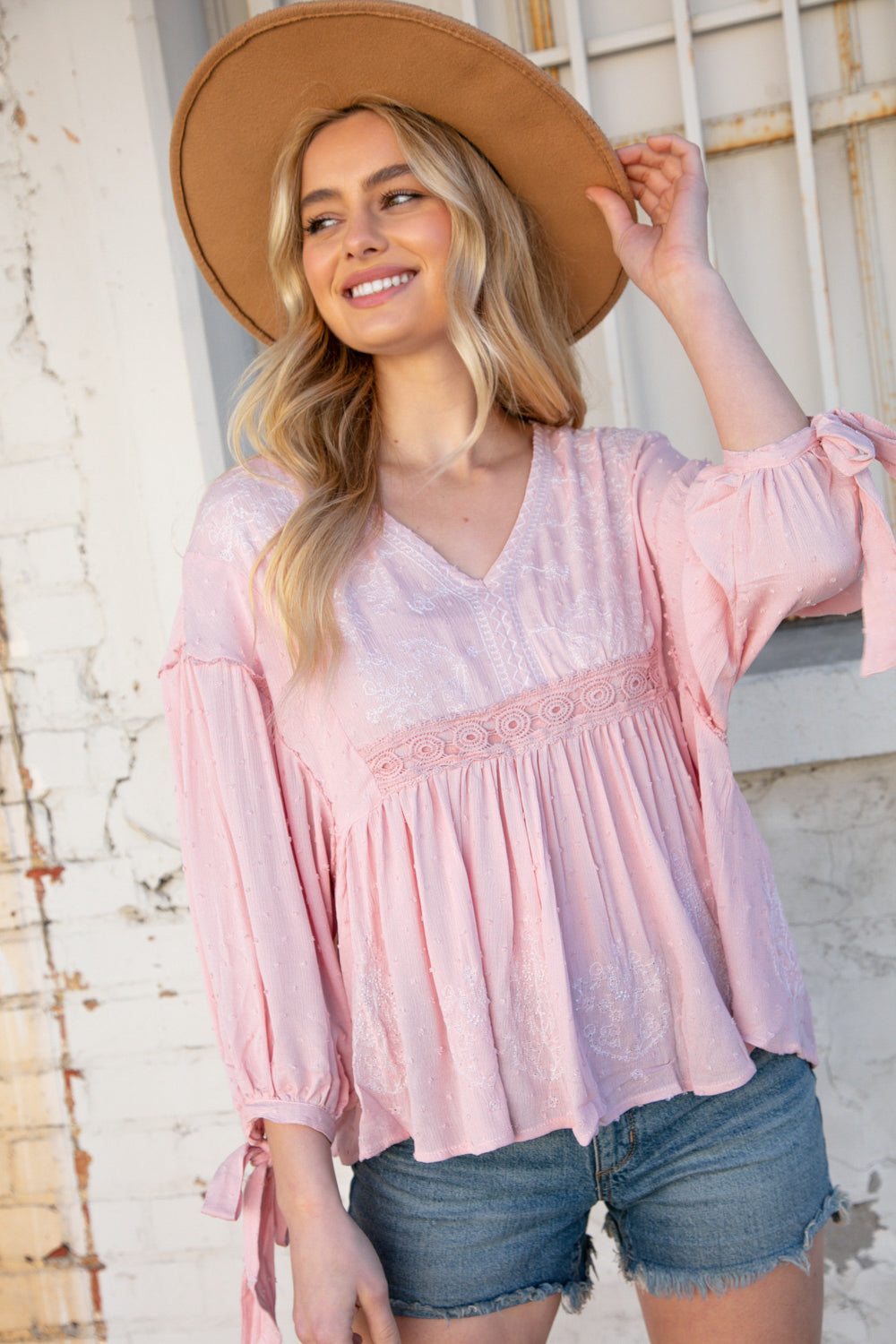 Blush V Neck Embroidered Crochet Lace Swiss Dot Top