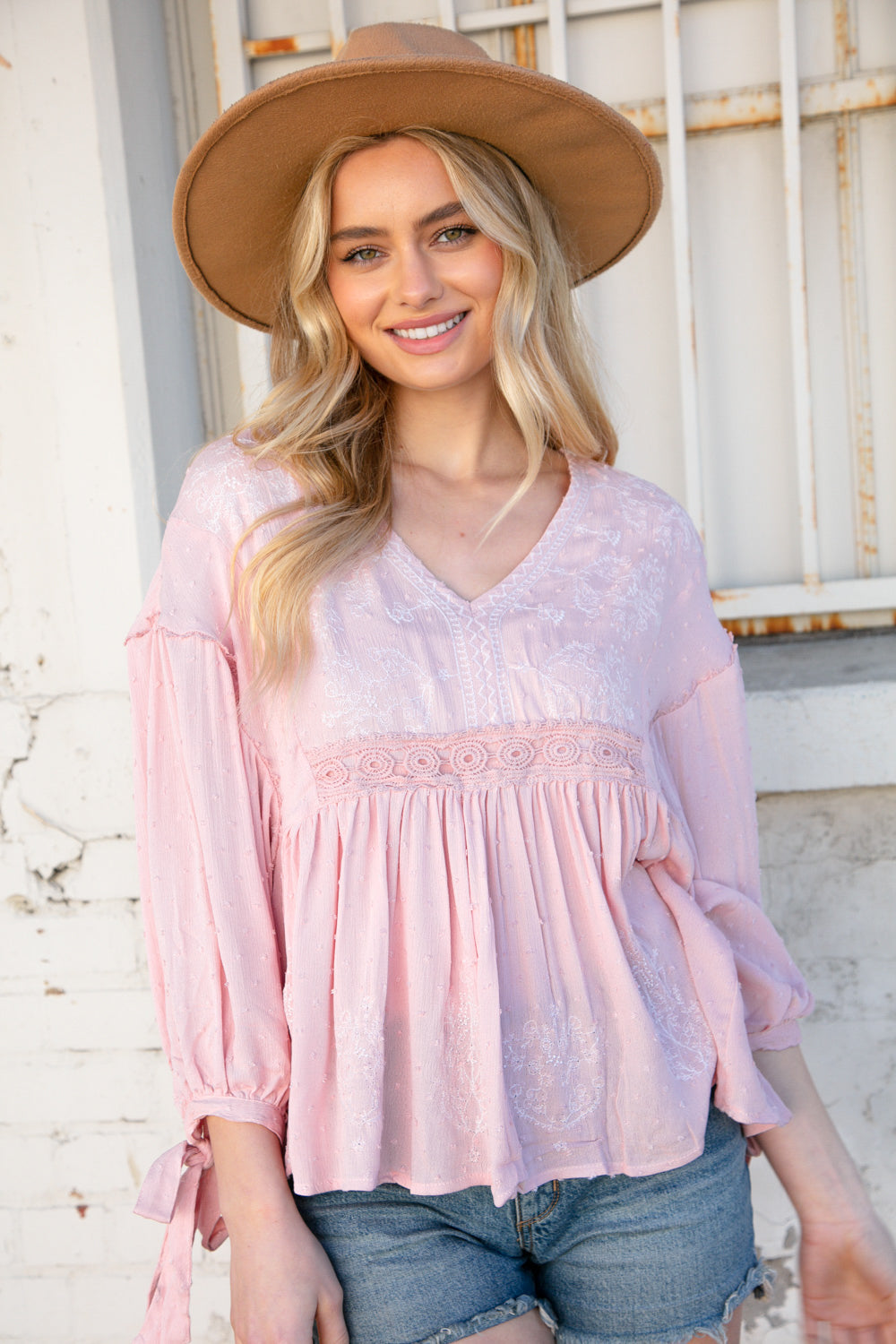 Blush V Neck Embroidered Crochet Lace Swiss Dot Top