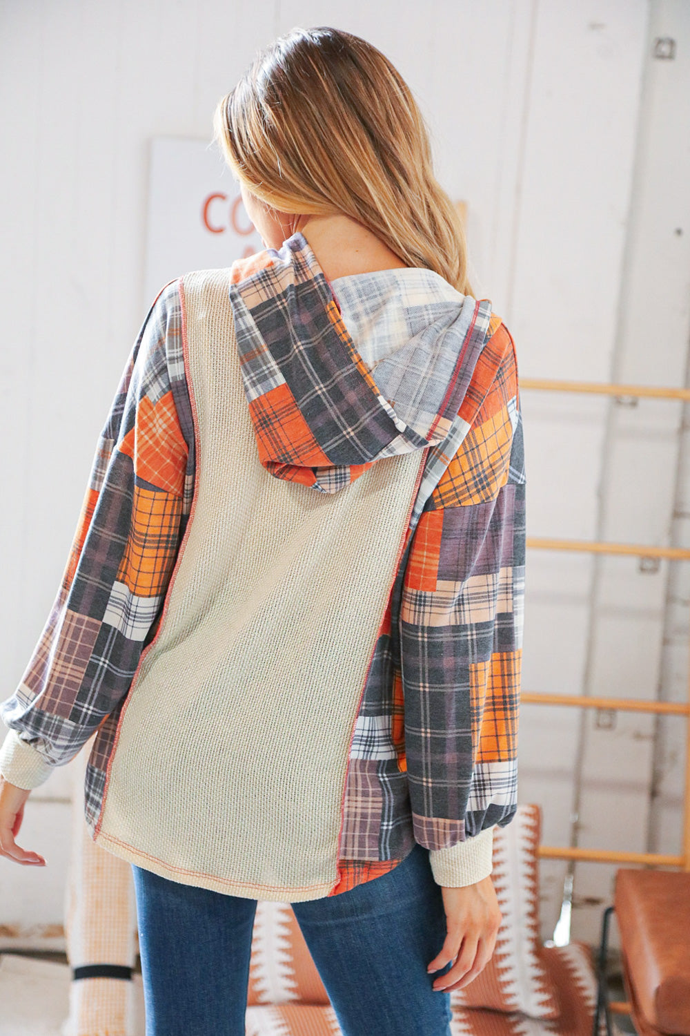 Multi Plaid Patchwork Waffle Button Placard Hoodie