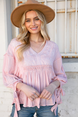 Blush V Neck Embroidered Crochet Lace Swiss Dot Top