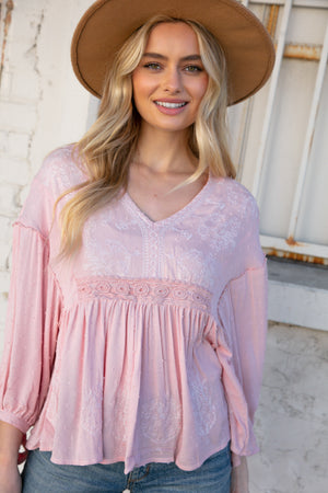 Blush V Neck Embroidered Crochet Lace Swiss Dot Top