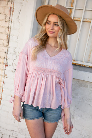 Blush V Neck Embroidered Crochet Lace Swiss Dot Top