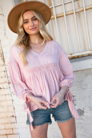 Blush V Neck Embroidered Crochet Lace Swiss Dot Top