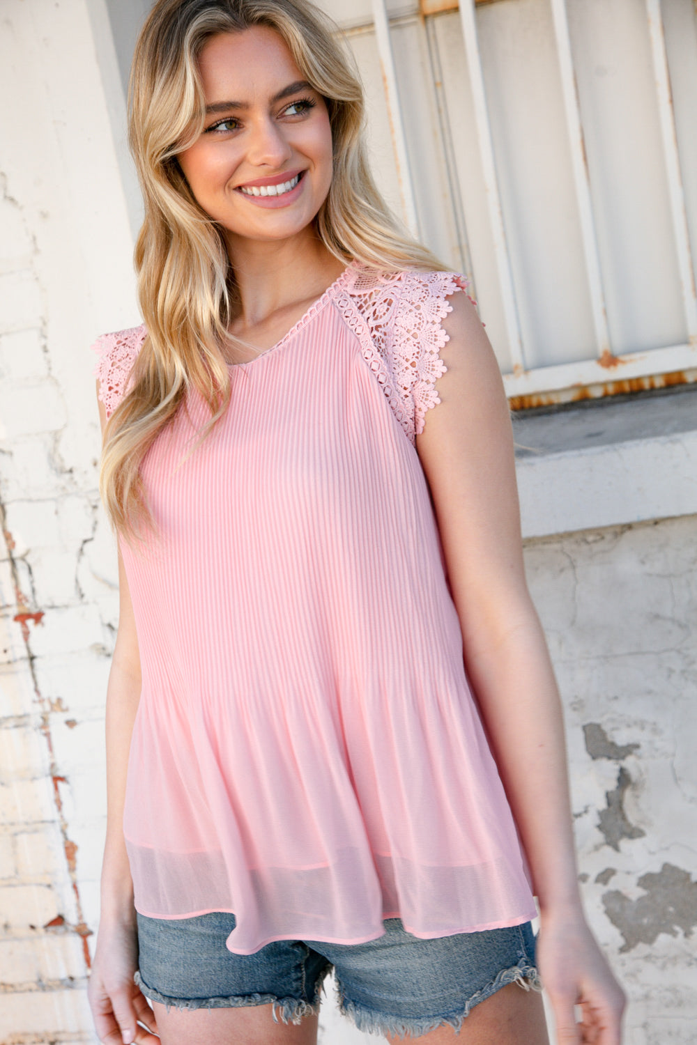 Blush Accordion Lace Short Sleeve Lined Top