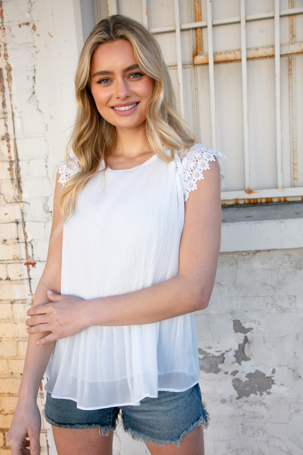 White Accordion Lace Short Sleeve Lined Top