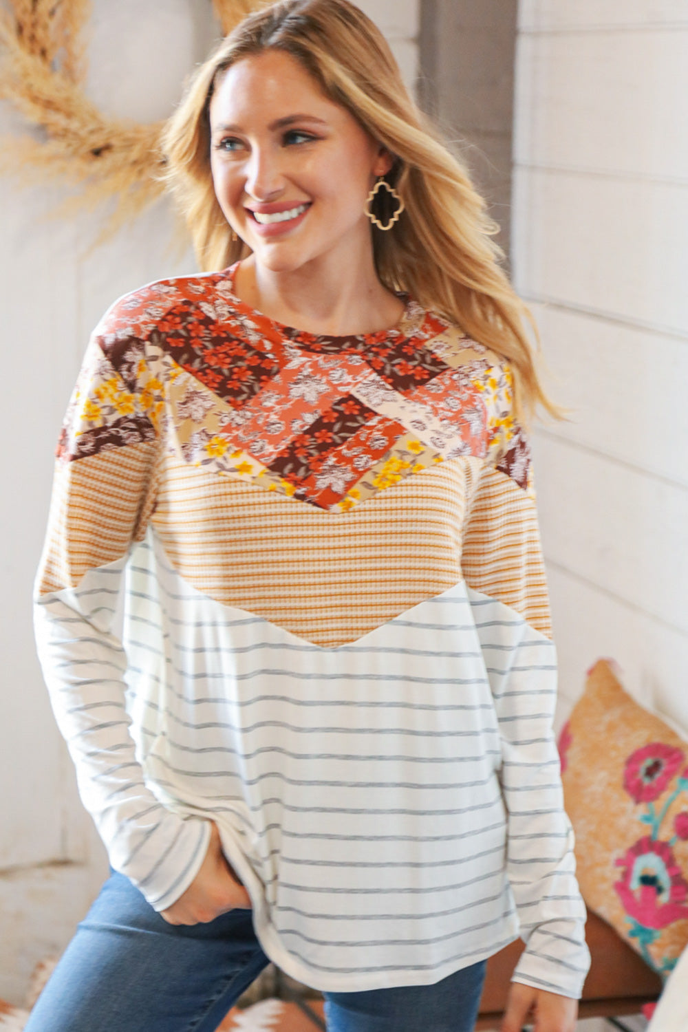 Mustard Two-Tone Chevron Stripe & Floral Patchwork Top