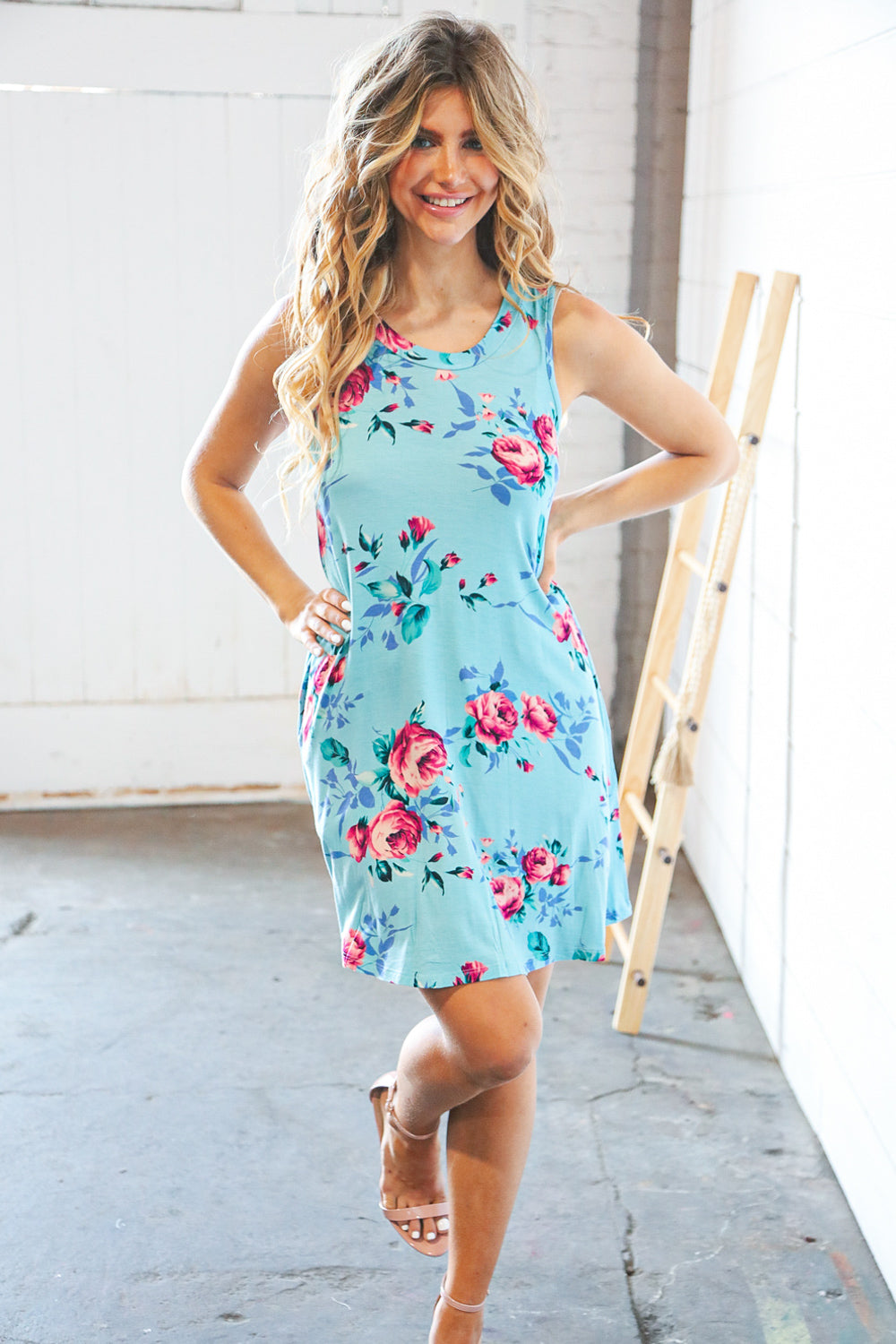 Teal & Blue Rose Floral Sleeveless Pocketed Swing Dress