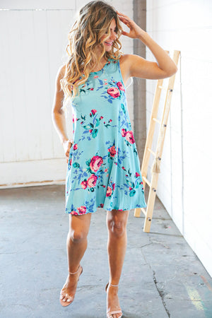 Teal & Blue Rose Floral Sleeveless Pocketed Swing Dress