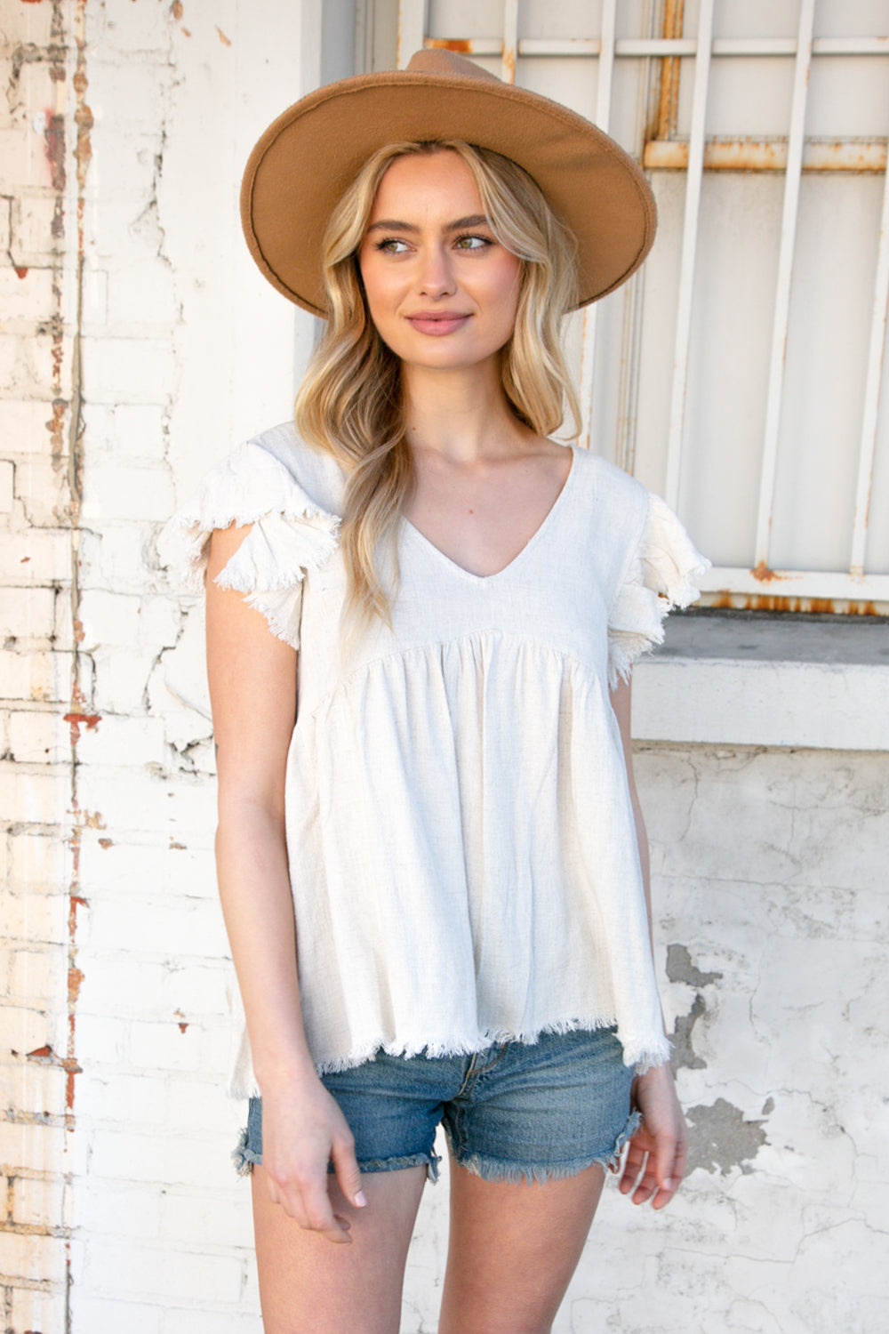 Oatmeal Linen Frayed Hi-Lo Baby Doll Top