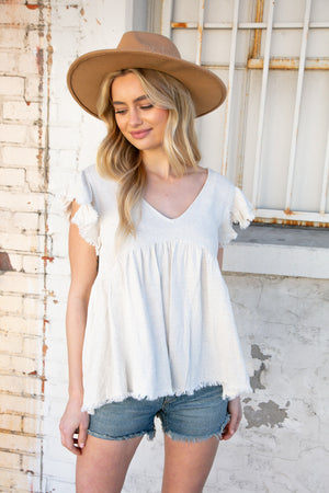 Oatmeal Linen Frayed Hi-Lo Baby Doll Top