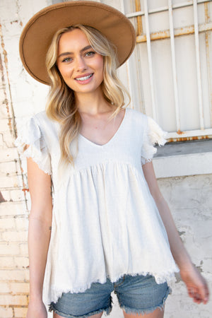 Oatmeal Linen Frayed Hi-Lo Baby Doll Top