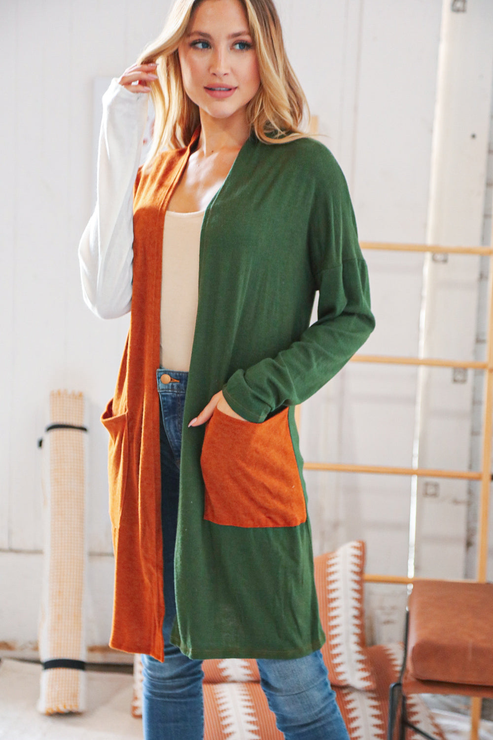 Rust/Hunter Green Hacci Color Block Pocketed Cardigan