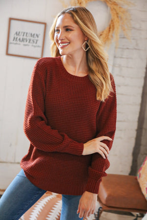 Dark Rust Waffle Knit Hi-Low Sweater