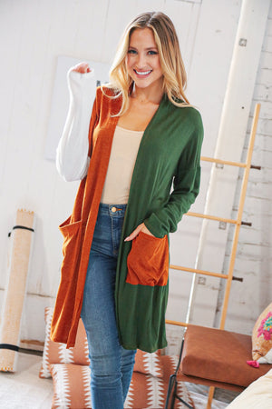 Rust/Hunter Green Hacci Color Block Pocketed Cardigan