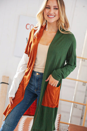 Rust/Hunter Green Hacci Color Block Pocketed Cardigan