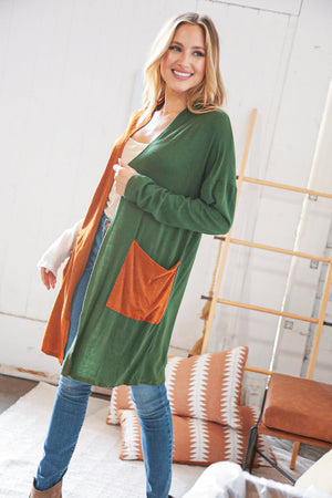 Rust/Hunter Green Hacci Color Block Pocketed Cardigan