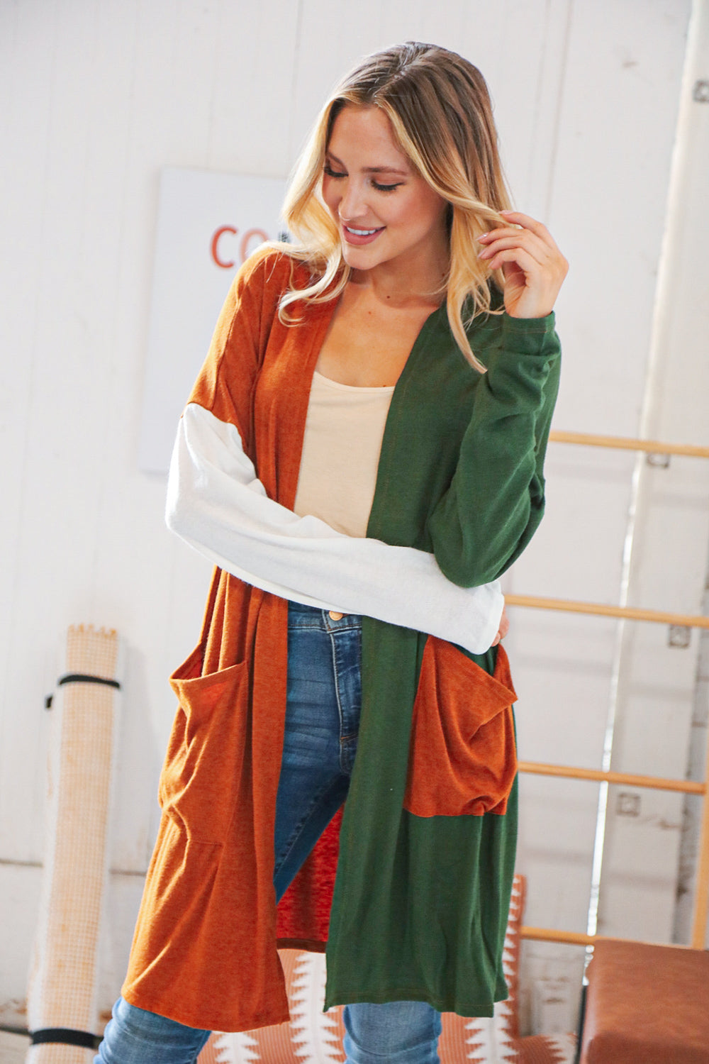 Rust/Hunter Green Hacci Color Block Pocketed Cardigan