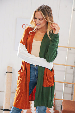 Rust/Hunter Green Hacci Color Block Pocketed Cardigan