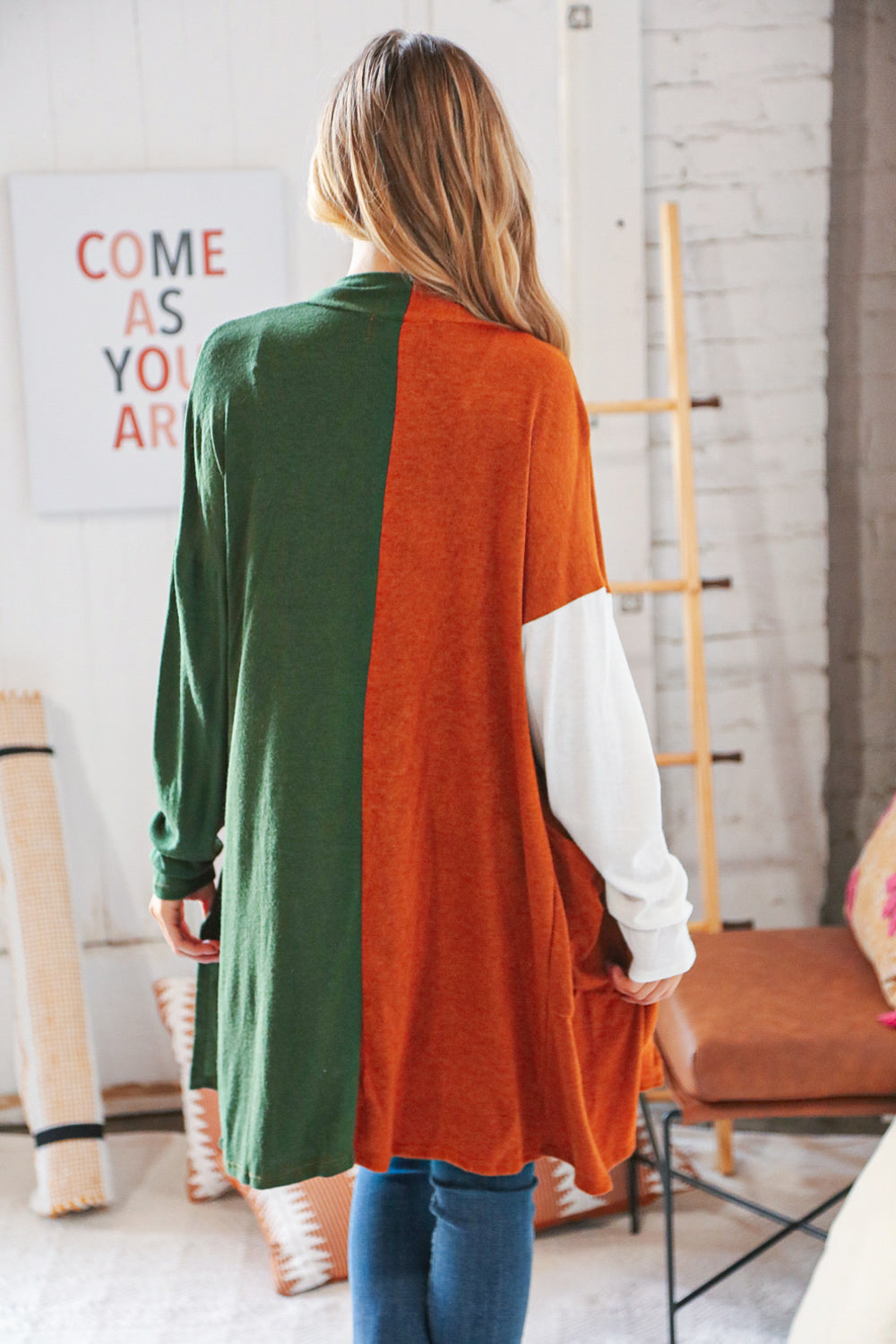 Rust/Hunter Green Hacci Color Block Pocketed Cardigan