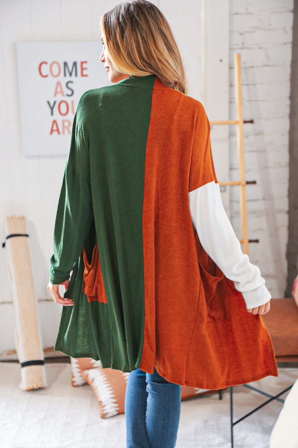 Rust/Hunter Green Hacci Color Block Pocketed Cardigan