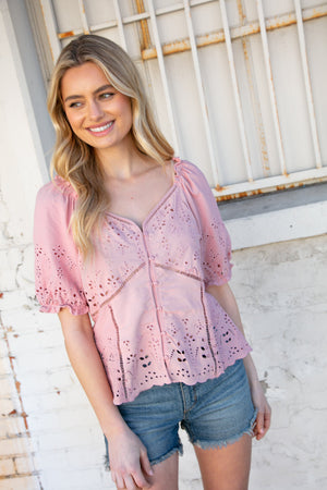 Blush Eyelet Crochet Short Sleeve Button Down Top