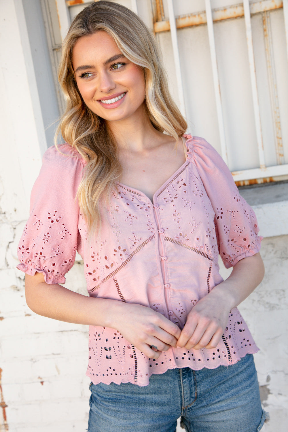 Blush Eyelet Crochet Short Sleeve Button Down Top