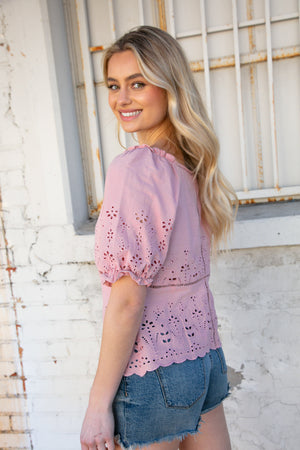 Blush Eyelet Crochet Short Sleeve Button Down Top