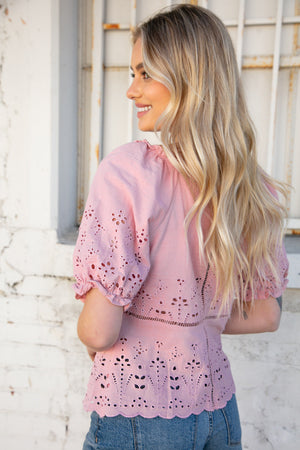 Blush Eyelet Crochet Short Sleeve Button Down Top