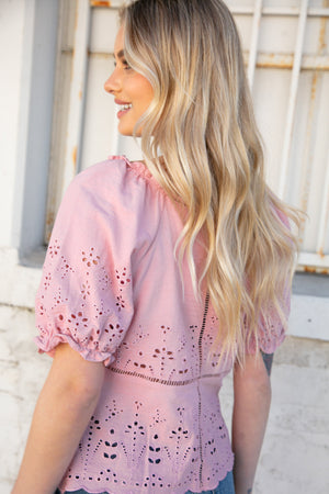 Blush Eyelet Crochet Short Sleeve Button Down Top