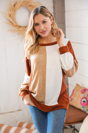 Cream & Rust Hacci Colorblock Sweater Top