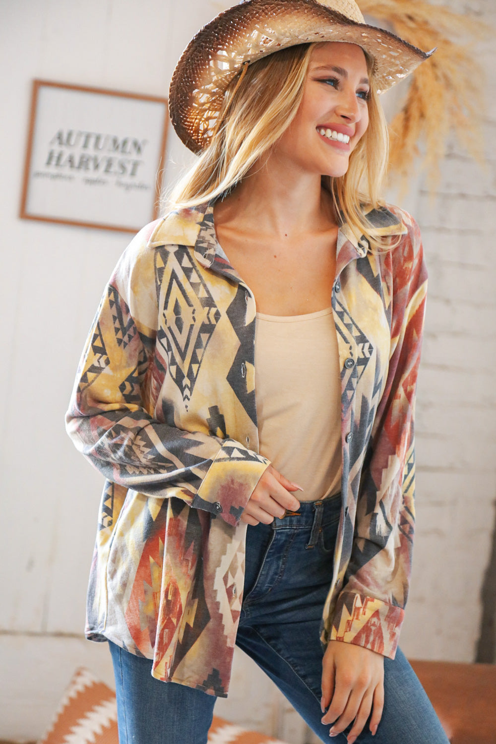 Mustard Aztec Terry Button Down Shirt Jacket