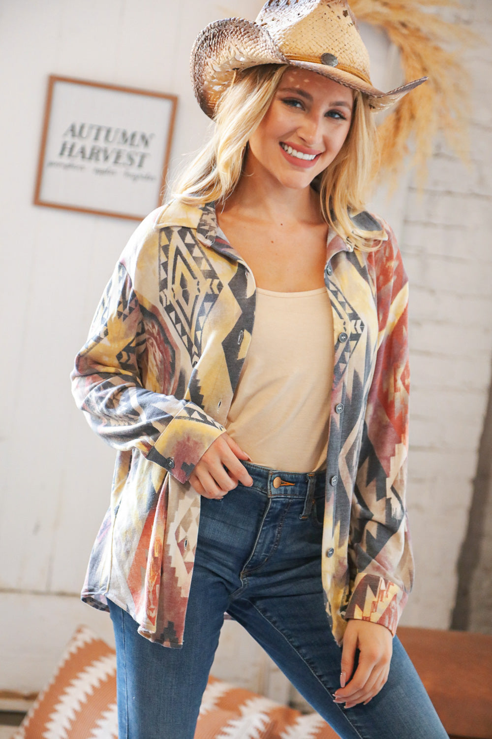 Mustard Aztec Terry Button Down Shirt Jacket