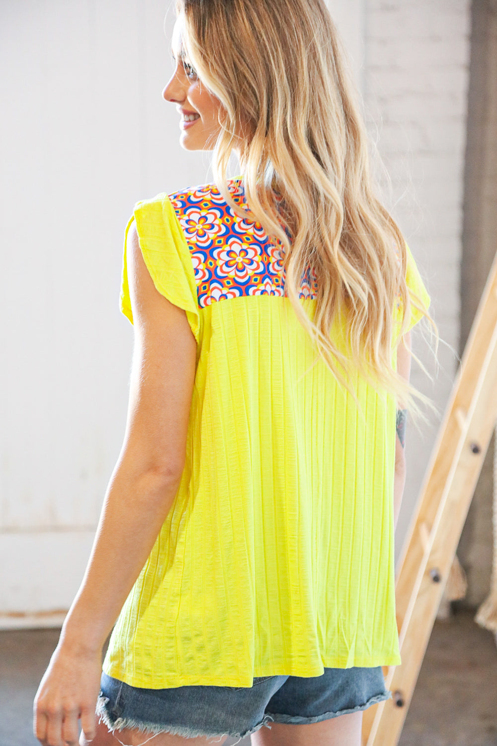 Yellow Flower Power Color Block Wide Rib Flutter Top