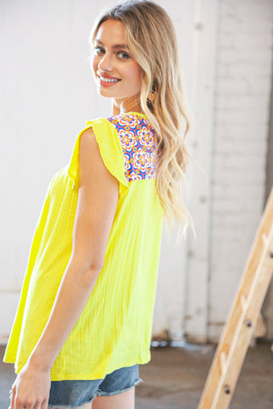 Yellow Flower Power Color Block Wide Rib Flutter Top