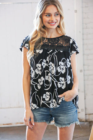 Black Smocked Embroidered Flutter Sleeve Woven Top