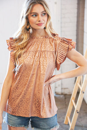 Copper Satin Leopard Print Pleated Ruffle Cap Sleeve Top